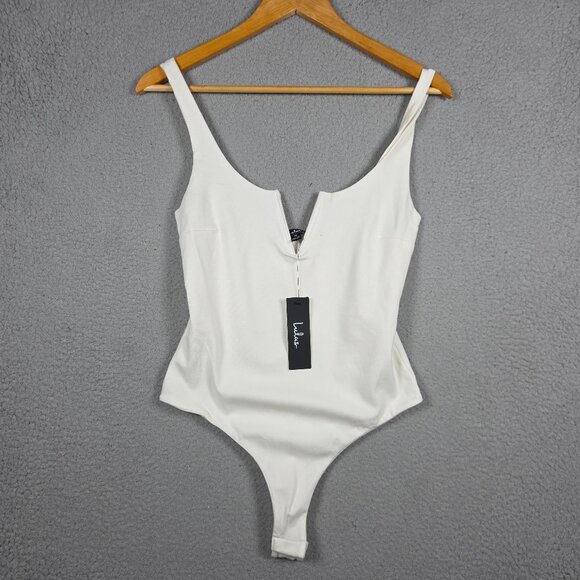 Lulus Split Neck Body Suit White Sleeveless Bodycon Top Cute Stretch Fitted NWT - Picture 1 of 8